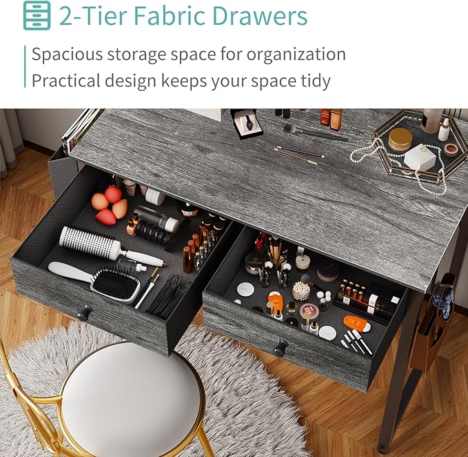 Lufeiya Small Desk with Drawers - for Bedroom 32 Inch Home Office Computer Desk with Fabric Storage Drawer and Bag Study Writing Table for Small Spaces Gray