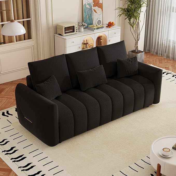78 Cloud Couch Sofa for Living Room Comfy Plush Teddy Sectional 3-Seater Couches with Pillows and Back Cushions Cozy Modern Deep Seat Oversized Sofa for Bedroom Apartment Black