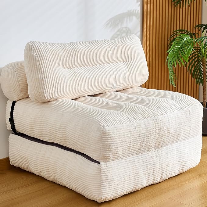Folding Sofa Bed Convertible Sleeper Chair Couch Bed Faux Rabbit Fur for Adults with Back Support Floor Couch Comfy Floor Sofa for Living Room Bedroom Ivory Single
