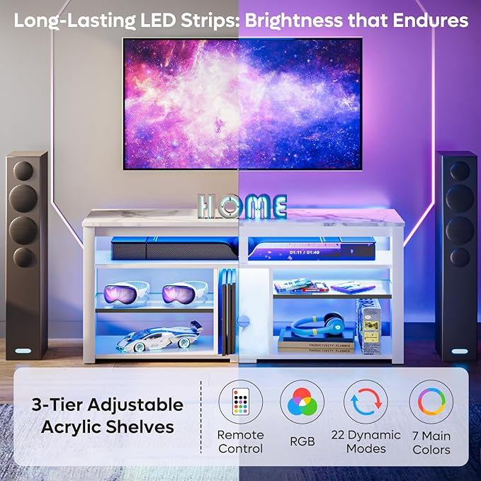 Bestier LED Tall Entertainment Center for PS4 55 inch TV Stand for 55/60/65 inch TV TV Console with Storage Media TV Cabinet with Adjustable Shelf for Living Room White Marble