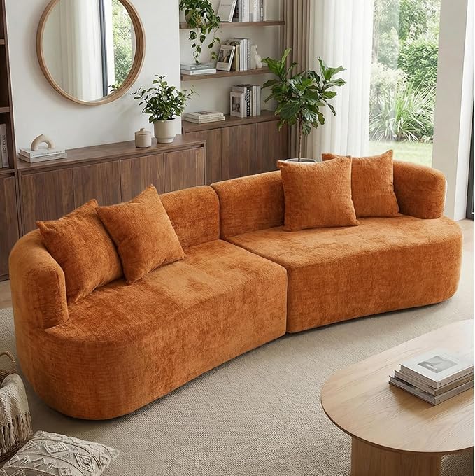 106 Modern Curved Boneless Sectional Couches for Living Room Luxury Chenille Fabric Oversized Modular Cloud Sofa with 4 Pillows Comfy Deep Seat Foam Couch in Box No Assembly (4 Seater Orange)