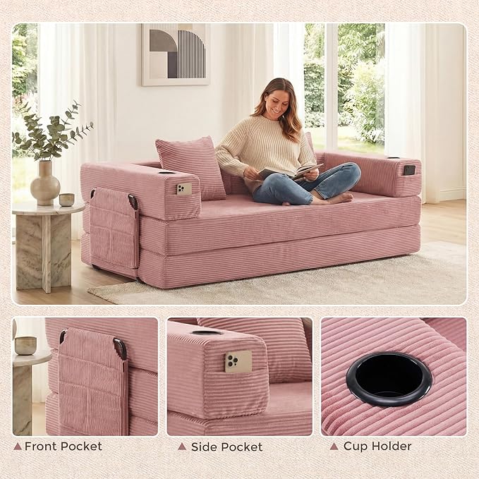 WELAX 72.8 Convertible Sleeper Sofa Bed Boneless Cloud Queen Futon Couches with Cupholders &amp Storage Pockets Corduroy Folding Floor Couch for Bedroom Apartment No Assembly Pink