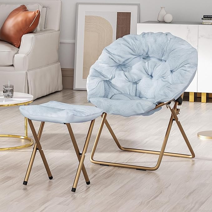 Foldable Oversized Moon Chair with Footrest Large Faux Fur Round Saucer Moon Chair with Folding Footrest Stool for Teens and Adults