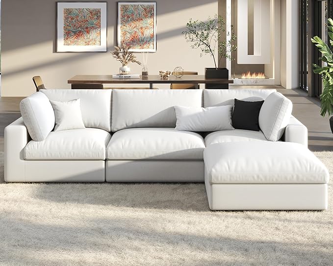 PaPaJet Modular Sectional Sofa 114 Inches Oversized Down Filled Sectional Sofa 4 Seats L Shaped Comfy Couch with Chaise Ottoman Could Sofa for Living Room White Linen Couch Set