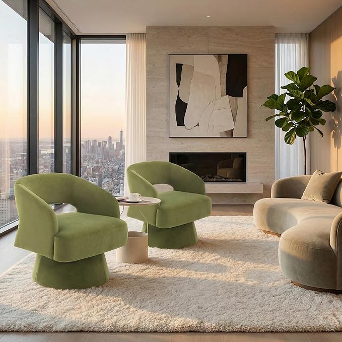 2Pcs Comfy Swivel Barrel Chair for Living Room - Modern Upholstered Accent Chair with Teddy Fleece Hollowed Back &amp 360° Swivel Base Small Round Chair for Bedroom Reading Nook Office Green