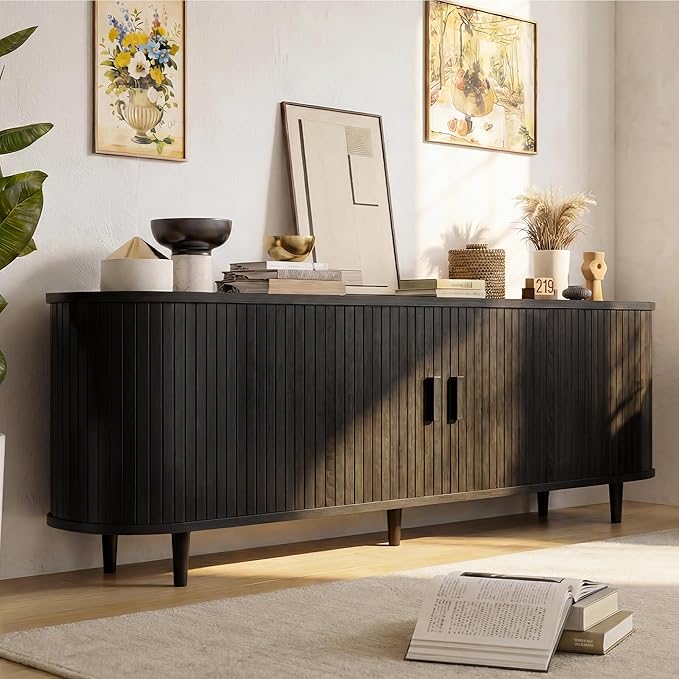 65 Mid Century Modern TV Stand Wood TV Consoles with Sliding Doors and Power Outlet Fluted Entertainment Center with Adjustable Shelves Media Console for Living Room Black