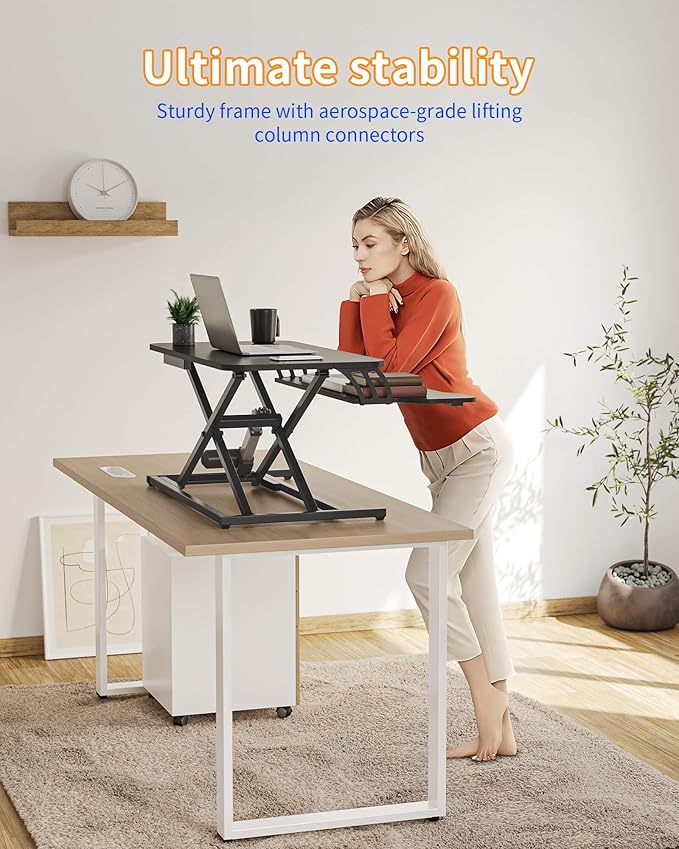 YIHAYO Electric Standing Desk Converter 32 inch Sit to Stand Up Height Adjustable Desk Riser Quick Sit to Stand Tabletop Dual Monitor Riser Workstation for Home Office with Keyboard Tray Black