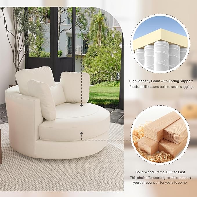 49.6''W Swivel Accent Barrel Chair Oversized Chenille Upholstered Round Single Couch Sofa with 4 Pillows for Living Room Apartment Bedroom (Beige).