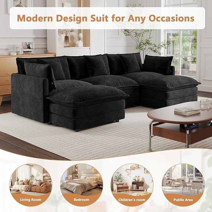Setawix Modern Modular Sectional Sofa 111.5 Upholstered Chenille 3-Seater with 2 Movable Ottomans Comfy U-Shaped Sofa Oversized Deep Seat Cloud Couch with 5 Pillows for Living Room Black