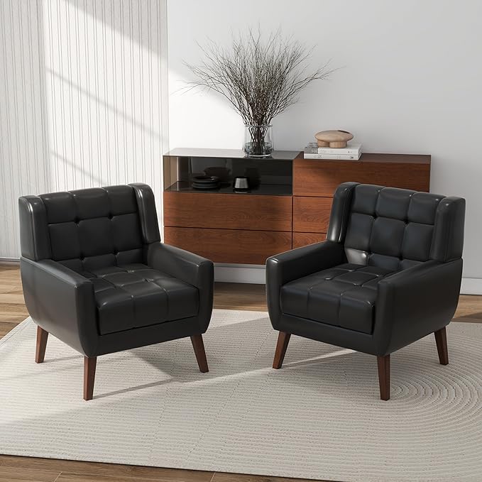 Accent Chair Comfy Mid Century Modern Small Armchairs with Solid Wood Frame and Soft Cushion for Living Room Bedroom (Faux Leather Black Set of 1)