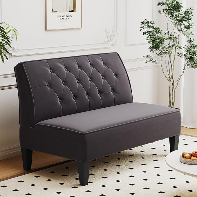 Alunaune Upholstered Loveseat Couch for Living Room Armless Bedroom Settee Small Love Seat Sofa Tufted Button Dining Room Bench - Dark Grey