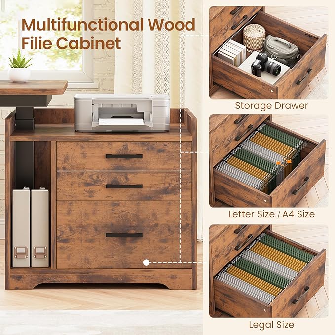 SEDETA L Shaped Electric Standing Desk with File Cabinet 63 x 53'' Height Adjustable Home Office Computer Desk with 3 Drawers Power Outlet Stand up Gaming Table with Led Lights Rustic Brown