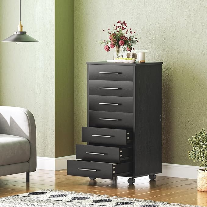 HOOBRO 7-Drawer File Cabinet Wooden Office Cabinet with Drawers Mobile Storage Cabinet for Home Office Study Easy Assembly Black BK07WJ01