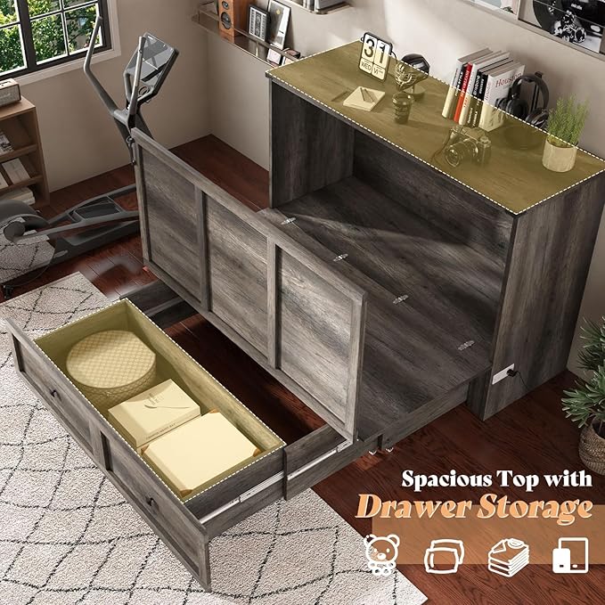 AMERLIFE Queen Murphy Bed with Storage &amp Charging Station Farmhouse Murphy Cabinet with Foldable Panel Noisy Free for Living Room Guest Bedroom Office Rustic Grey