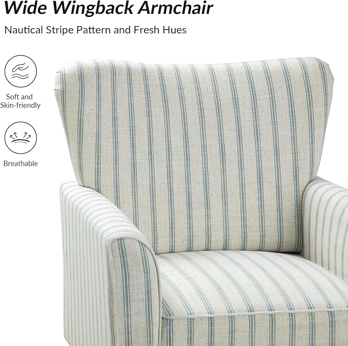 HULALA HOME Farmhouse Wingback Accent Chair Upholstered Striped Armchair with Solid Wood Legs Thick Seat Cushion for Living Room or Bedroom Blue