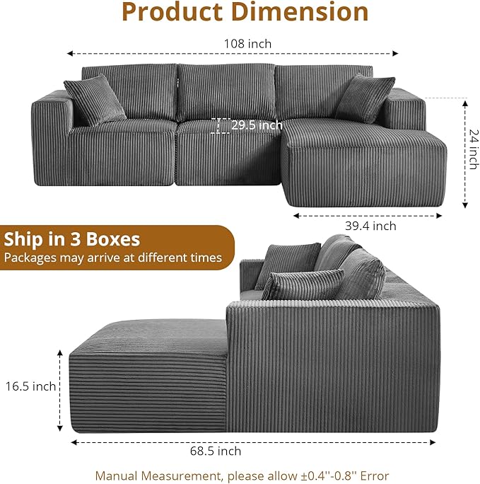 Sectional Cloud Boneless Couch 108 Modern Comfy L-Shape No Assembly Required Convertible Compression Sleeper Modular Sofa with Corduroy Fabric Deep Seat Loveseat + Chaise for Living Room