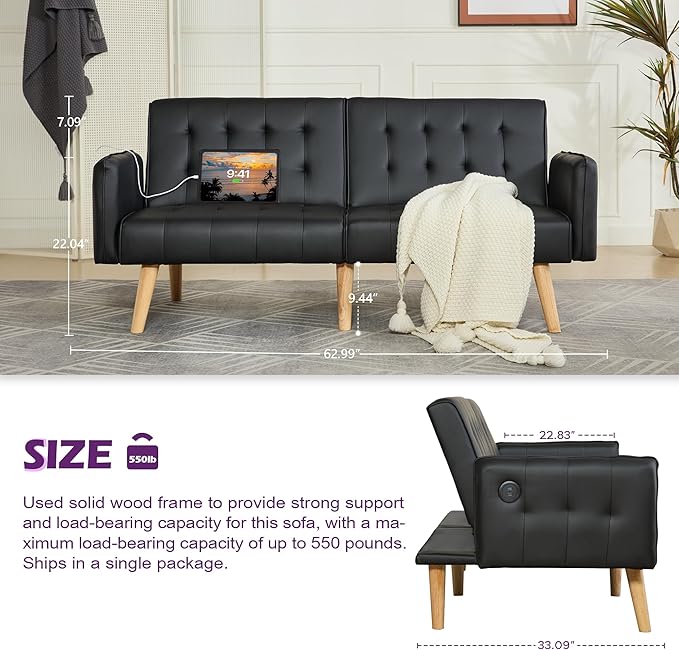 TYBOATLE Faux Leather Convertible 65'' Folding Futon Sofa Bed w/ 2 USB Loveseat for Small Space Apartment Dorm Living Room Office Black