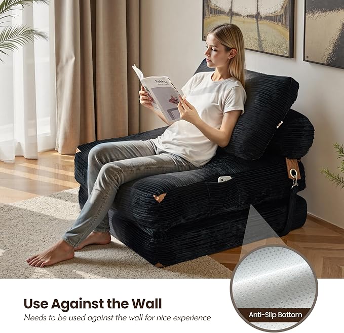 ovios Folding Sofa Bed Foldable Sleeper Chair Floor Futon Comfy Portable Convertible Fold Out Lounge Chairs for Living Room Bedroom Black