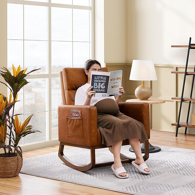 Yaheetech Leather Living Room Chair Rocking Accent Chair Modern Nursery Glider Chair with High Back and Side Pocket Accent Rocker Armchair with Wood Legs for Living Room Bedroom Study Brown