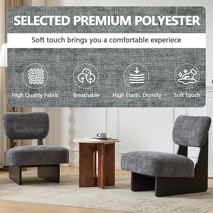 Beige Accent Chair Set of 2 for Small Spaces Armless Accent Chair for Bedroom Side Chairs &amp Comfy Chairs for Living Room Wood Base Comfy Cushion Bedroom Office (Black+Charcoal)