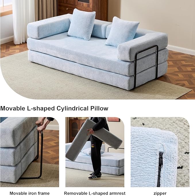 Convertible Sleeper Sofa Bed Compression Folding Sofa with Pillow No Assembly Required Shape Frame Floor Sofas Lounge Couch for Living Room Bedroom Small Spaces(Chenille 77''W Light Blue)