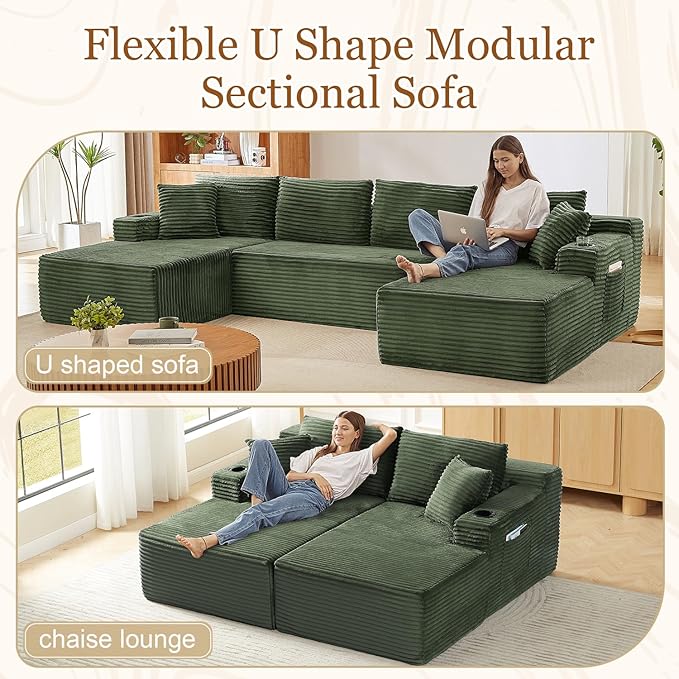 134 Inch Modular Sectional Sleeper Sofa Boneless Cloud Couch for Living Room U Shaped 5 Seat Sofa with 2 Storage Pockets&amp 2 Cup Holders Free Combination No Assembly Required (Green)