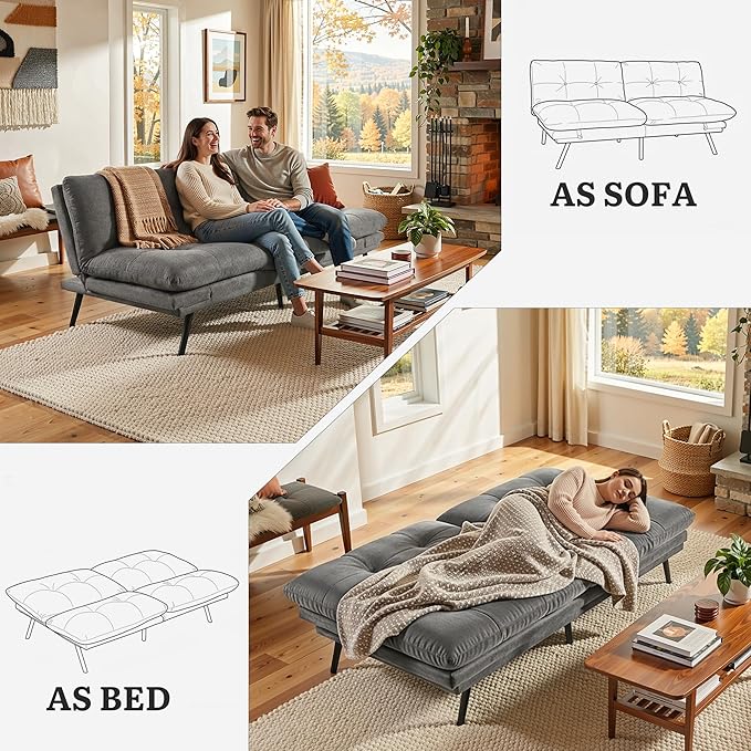 YITAHOME Convertible Futon Sofa Bed with Adjustable 3 Color Light Strip 70 Folding Futon Set for Living Room Home Office Aprtment Modern Futon Couch with Adjustable Backrest &amp Armrests Grey