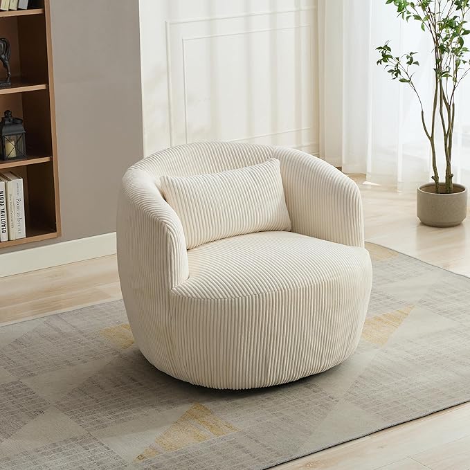 360° Swivel Barrel Soft Chair with Pillow - Upholstered Corduroy on Metal Base for Club/Living Room/Bedroom/Office/Reading Armchair 34.25 Wide Ivory