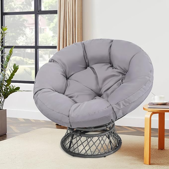 46 Giant Oversized Rattan Papasan Chair with Cushion and Frame for Adults Fluid 360° Swivel Waterproof Grey Frame with Light Grey Cushion