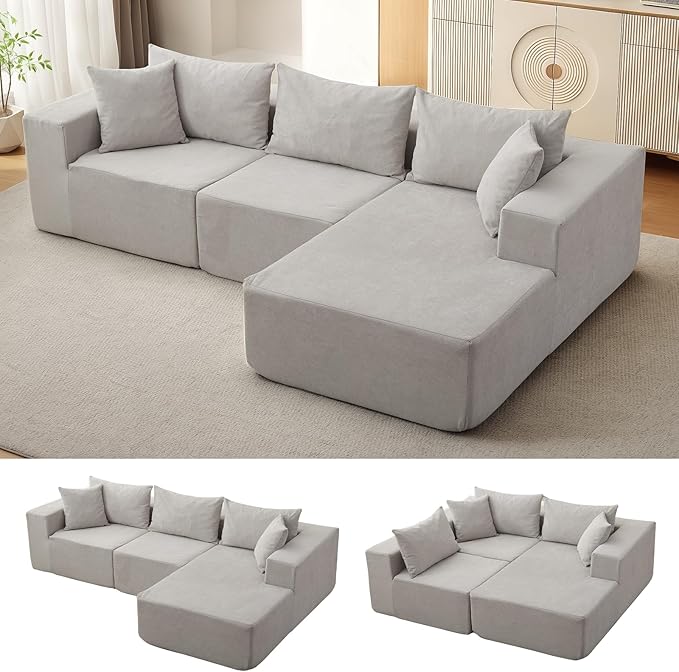 GarveeLife 108” Modular Sectional Sofa Cloud Sectional Couch with L-Shape Chaise Modern Modular Deep Seat Sofa Couch Upholstered Boneless Couches for Living Room Bedroom Right Facing Chaise Beige