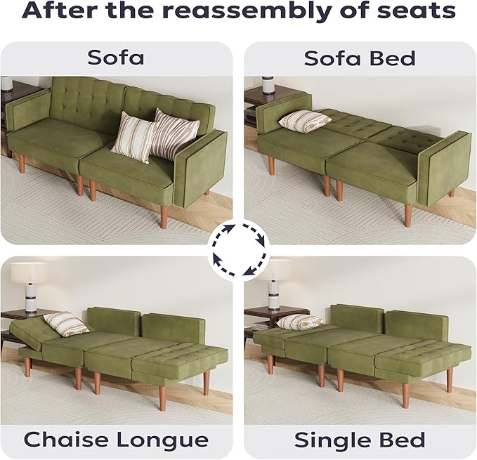71 Velvet Futon Sofa Bed Versatile Loveseat Couch Sleeper Sofa with Adjustable Backrest Mid Century Modern Futon Couch for Small Space Living Room Office &amp Apartment Velvet Fabric Green
