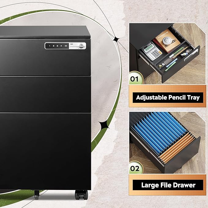 DEVAISE 3 Drawer File Cabinet with Combination Lock Fully Assembled Metal Filling Cabinet Except Wheels Mobile Under Desk File Cabinets for Home Office Black