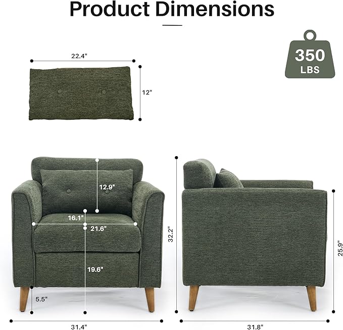 Modern Accent Chair with Wooden Legs Plush Fabric Armchair Cozy Reading Chair for Living Room Bedroom Study (Green Armchair)