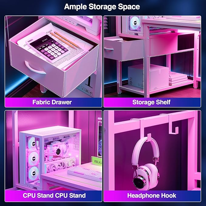 Grandder Gaming Desk 41 Inch with CPU Stand and LED Light Computer Desk with Reversible Shelves and Storage Drawer Pc Small Desk for Home Office Table with Bag Pink