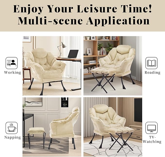 Lazy Chair with Ottoman Comfy Accent Lounge Chair with Side Pocket Modern Reading Armchair with Footrest Upholstered Sofa Chair for Small Spaces Bedroom Living Room Dorm Khaki