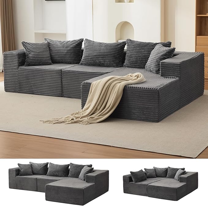 GarveeLife 108” Modular Sectional Sofa Cloud Sectional Couch with L-Shape Chaise Modern Modular Deep Seat Sofa Couch Upholstered Boneless Couches for Living Room Bedroom Right Facing Chaise Grey