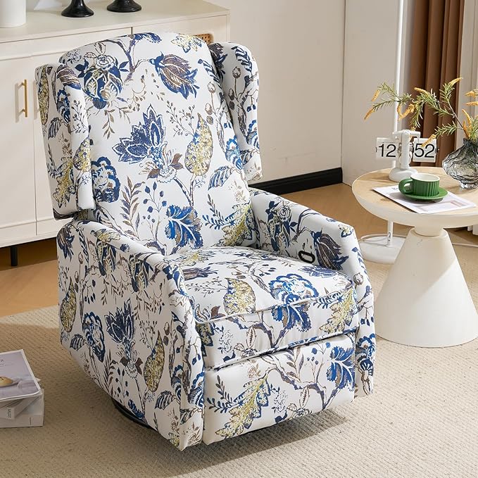 Swivel Rocker ReclinerWingback Recliner ChairFloral Accent Chair Fabric Chair with High BackPadded Seat for Living RoomBedroom Home Office (Blue)