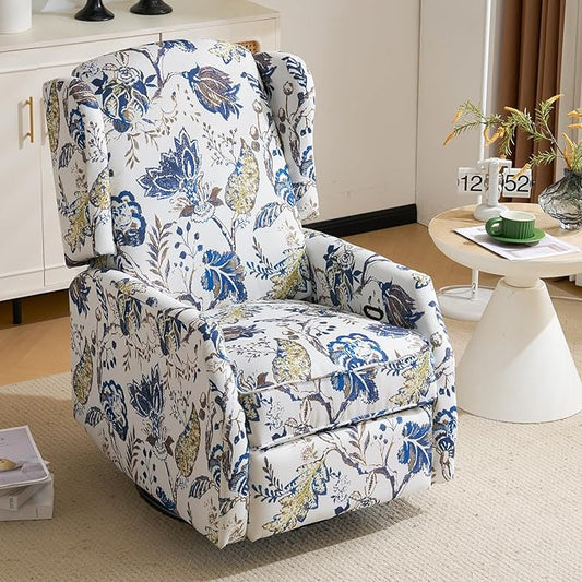 Swivel Rocker ReclinerWingback Recliner ChairFloral Accent Chair Fabric Chair with High BackPadded Seat for Living RoomBedroom Home Office (Blue)