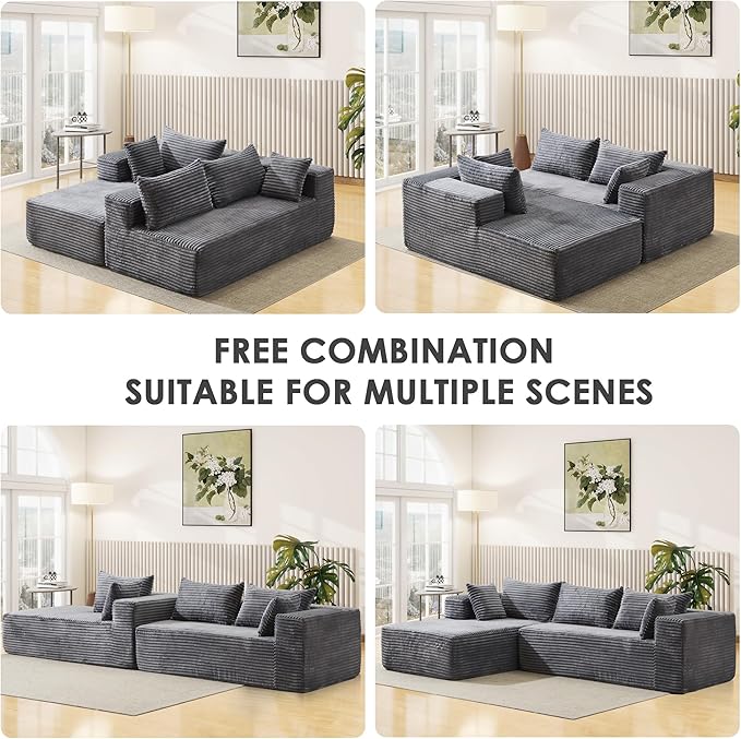 107 Cloud Couch Modular Sectional L Shaped Couch with Chaise Deep Seat Sofa Fluffy Corduroy Couches Boneless Couch for Living Room Gray Left Facing Chaise