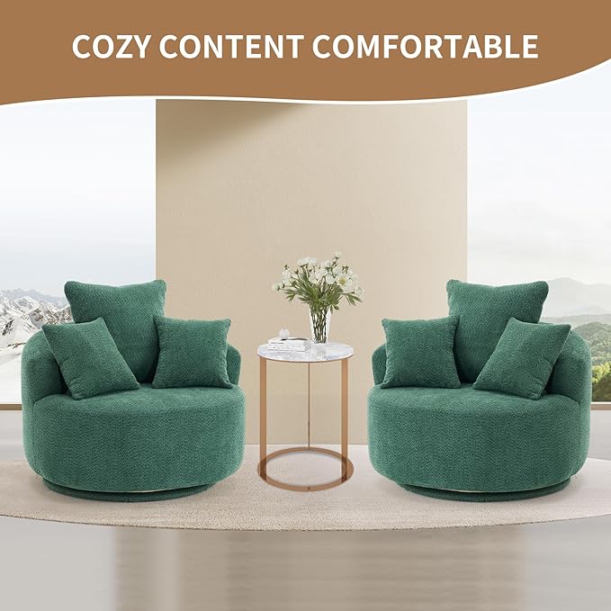 40” Greeen Round Swivel Chair with 3 Pillows &amp Thick Cushion Oversized 360° Swivel Accent Chair Modern Boucle Armchair for Nursery Living Room Bedroom Club