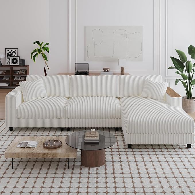 Modular Sectional Sofa 114.5 Convertible L Shaped Couch with Corduroy Fabric 3 Seater Corner Sleeper Sofa with Chaise Storage Armrests &amp 2 Pillows Modern Comfy Upholstered Couches for Living