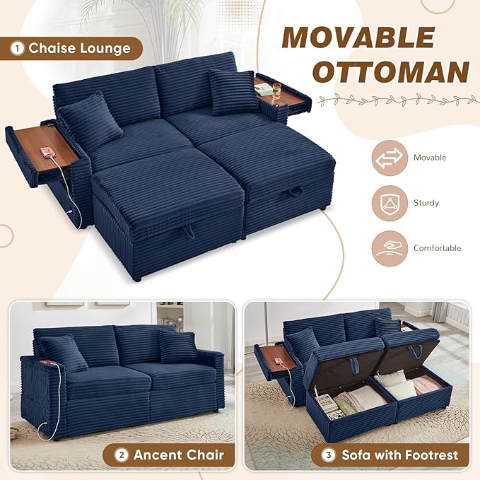 Chaise Lounge Chair Indoor 68 W Corduroy Loveseat Sectional Couch with Sorage Ottoman/Wing Table/Charge Ports/Cup Holder Modern Comfy Deep Seat Reading L-Shape Sofa for Living Room Blue
