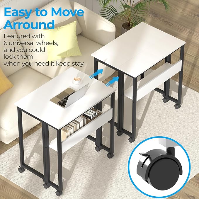 GreenForest Folding Desk Small Rolling Desk with Storage Shelf 24.8 inch Foldable Computer Desk with Wheels for Small Space Easy AssemblyWhite