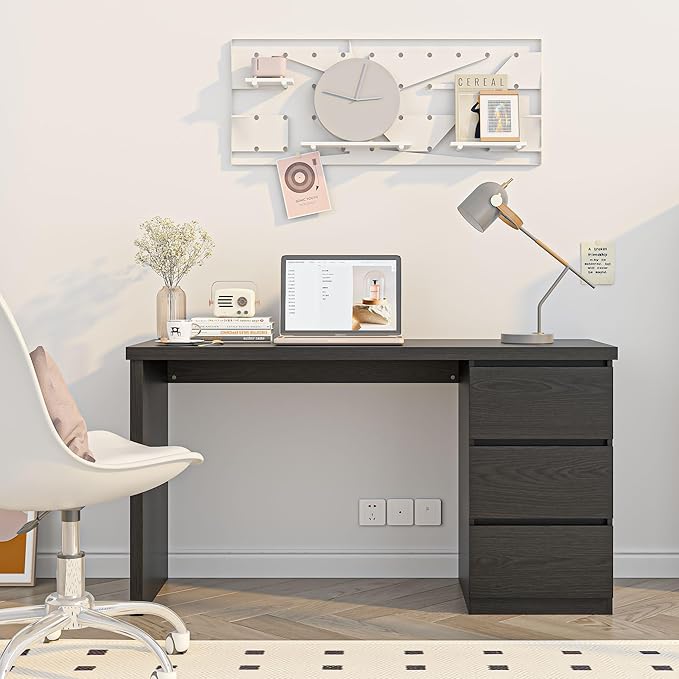 furtble Computer Desk with Drawers 53.5 inches Wood Work Desk Home Office Desks Workstation with Storage Modern Gaming Computer Table for Bedroom Living Room Black