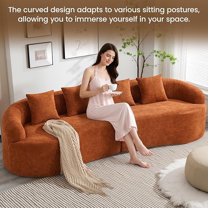 110 Boneless 4 Seater Sofa Couch Modern Oversized Curved Cloud Sofa Chenille 4-Seater Deep Seat Sectional Couches for Living Room No Assembly Orange