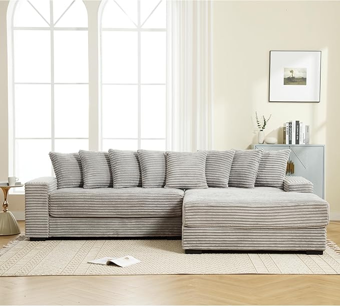 L-Shaped Cloud Sectional Couch Right Facing Modular Compressed Boneless Sectional Sofa with Chaise Lounge Plush Corduroy Boneless Corner Sofa for Living Room