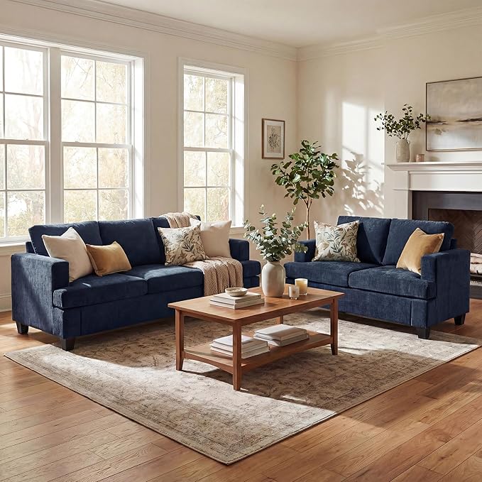 YOUDENOVA 2 Piece Set Comfy Sofa Couch 3 Seater &amp Loveseat Sofa with Deep Seats Modern Sleeper Couch for Living Room Navy Chenille
