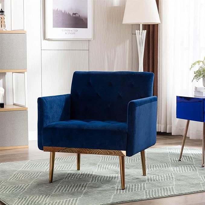 Modern Velvet Accent Chair Living Room Bedroom Leisure Single Sofa Chair (with Gold Metal feet) TV armrest seat Suitable for Small Space Home Office Coffee Chair (Blue)