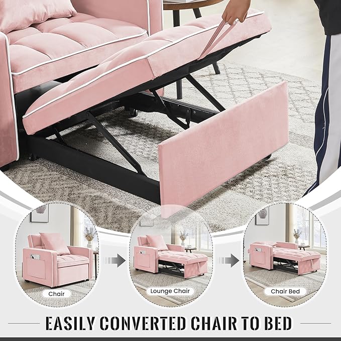 3 in 1 Velvet Sleeper Chair with Pull Out Bed Convertible Single Sofa Bed Futon Modern Tufted Chair with Adjustable Backrest Pullout Sleeper Sofa Chair for Bedroom Living Room Lounge (Pink)
