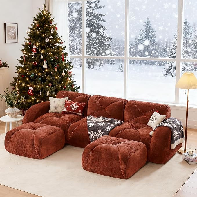 Boneless Couch Modular Sectional Sofa 110.6 U Shaped Sectional Couches for Living Room 3 Seater Cloud Couch with Ottoman Retro Velvet Floor Sofa for Bedroom No Assembly RequiredRed-Brown